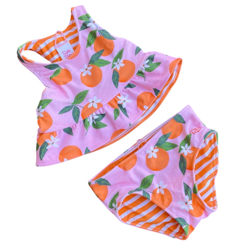NWT Ruffle Butts Toddler Orange Reversible Two-Piece Swimsuit Sz 12-18 M
